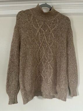 Backdrop Taupe Cable Knit Sweater Mock Neck Chunky Knit Cozy